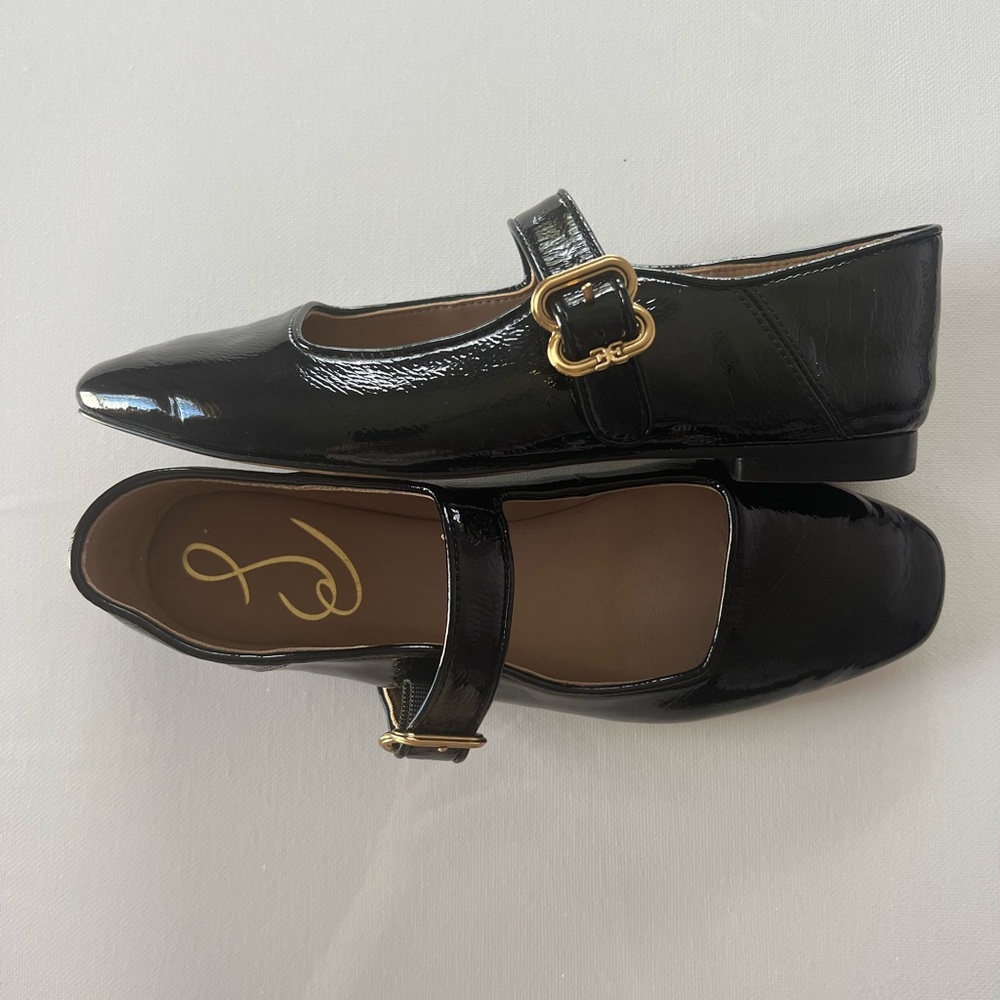 Sam Edelman Black Patent Mary Jane Flats with Gold Buckle